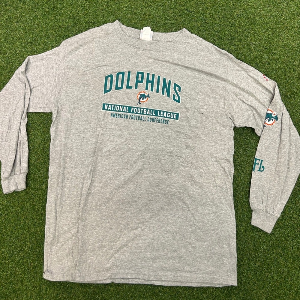 Vintage Miami Dolphins NFL VF Imagewear Long‎ Sleeve T-Shirt Gray Mens Large